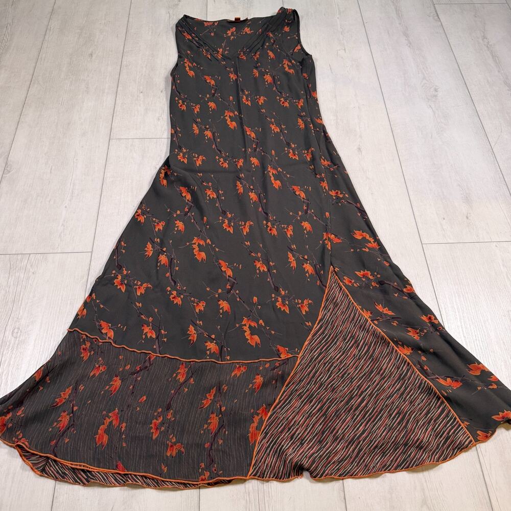 Harari Dress Womens Size Large 100% Silk Gray Orange Floral Maxi Dress Boho